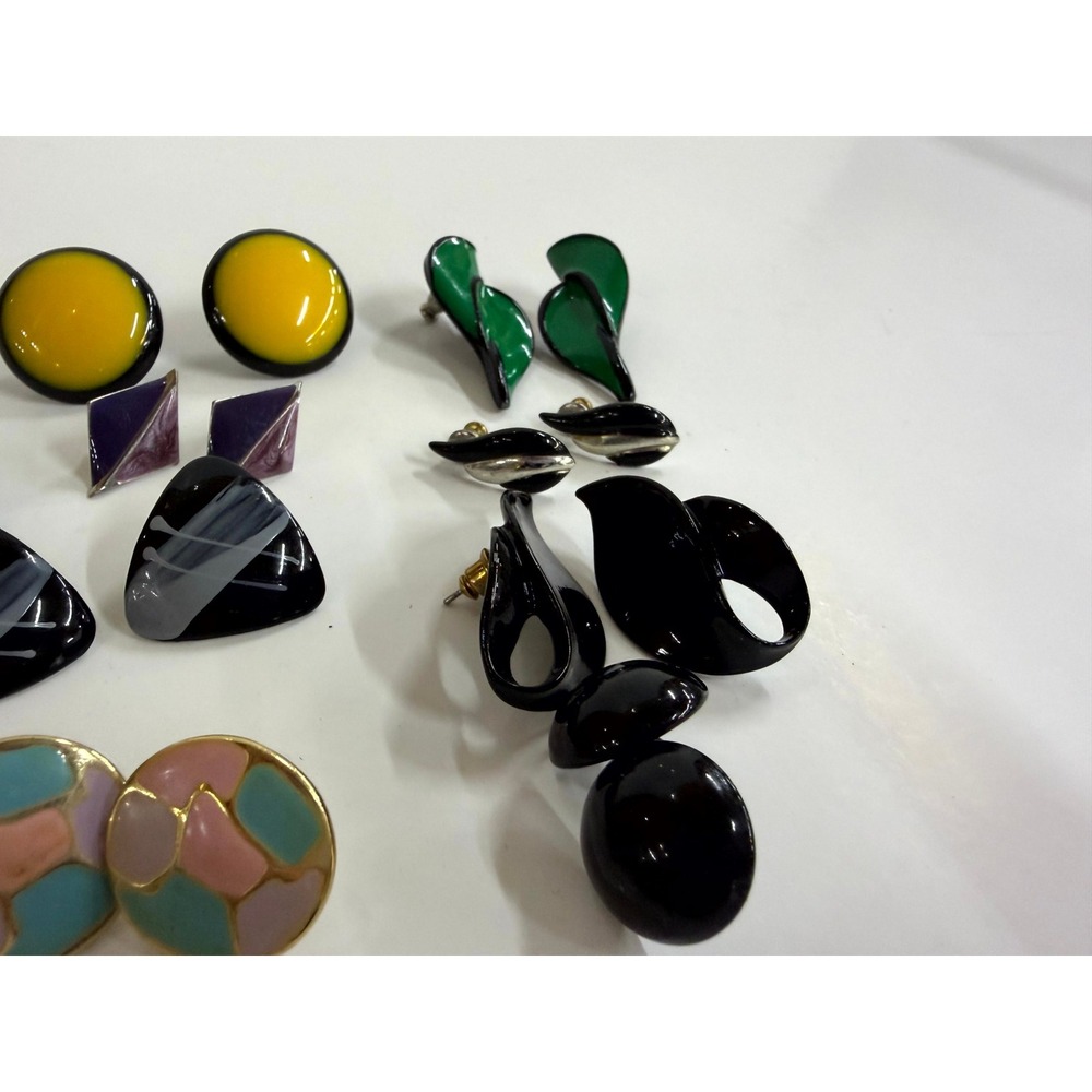 Vintage 1990s Geometric Earring Lot 14 Pairs Enamel Resin Retro Abstract Post - Picture 4 of 10